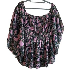 Ashley Stewart Women Top 18/20 Paisley Smock Bodice Short Kimono Sleeve Babydoll